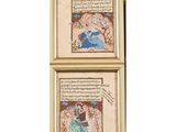 two framed paintings of a man and a woman sitting on a couch