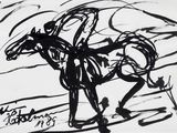 black and white drawing of a horse with a rider on it