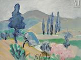 une image d'un tableau représentant un paysage avec des arbres et des buissons