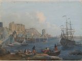 une peinture représentant des personnes sur un bateau dans l'eau