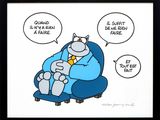 dessin représentant un homme assis sur une chaise, avec un chat sur les genoux