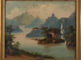 an image of a painting of a boat on a river with mountains in the background