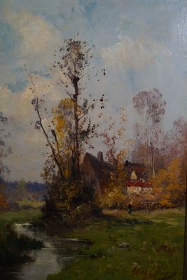 a painting of a farm scene with a stream running through it