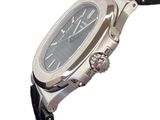 a close up of a wrist watch with a black leather strap