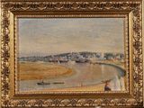 an image of a painting of a river scene with a boat in the water