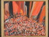 une peinture à l'huile représentant un grand groupe de personnes sur une scène