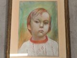 painting of a young boy in a red collared shirt in a gold frame