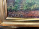 an oil painting of a landscape with trees and bushes in a gold frame