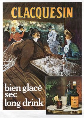 a poster of a man sitting at a table drinking a drink