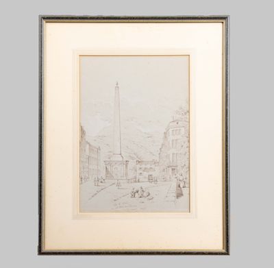 a drawing of a street scene with buildings and a tower in the background