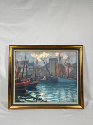 tableau représentant une scène portuaire avec des bateaux et des bâtiments en arrière-plan