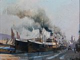 a painting of a ship on the water with a lot of smoke coming out of it