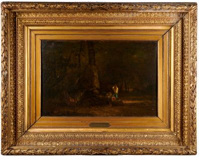 une peinture à l'huile représentant un homme et un chien dans un décor boisé