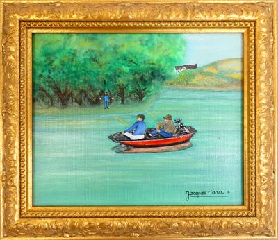 tableau représentant un homme et un chien dans un bateau sur une rivière