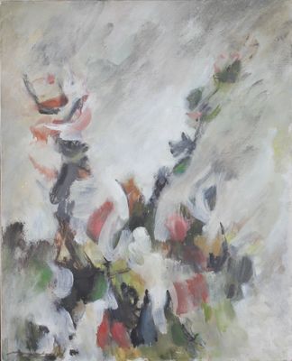 an oil painting of a vase with flowers in it on a table
