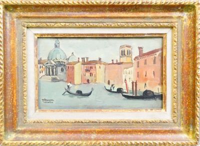 painting of a canal scene with gondola boats and buildings