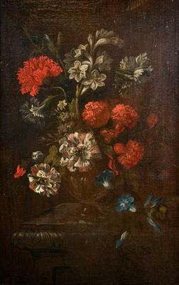 une image d'une peinture de fleurs dans un vase sur une table