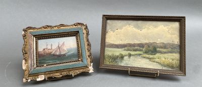 two framed paintings of boats on a river and a boat in the water