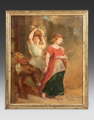 une peinture à l'huile représentant deux femmes dans une cour avec un âne