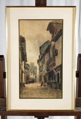 tableau représentant une scène de rue avec une calèche en arrière-plan