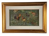 tableau à l'huile encadré représentant des poulets dans un champ d'herbe