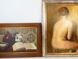 painting of a nude woman sitting on a stool next to a painting of a vase