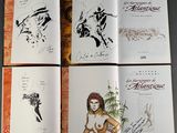 four pages of a book with drawings of a woman and a horse