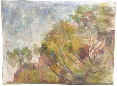 une image représentant un tableau où l'on voit des arbres dans un champ, avec un ciel bleu en arrière-plan