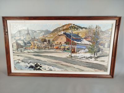 aquarelle encadrée représentant un village de montagne