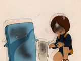dessin de bande dessinée représentant une femme debout à côté d'un réfrigérateur bleu