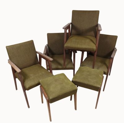 four green chairs and a stool in a circle on a white background