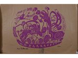 un dessin violet sur un papier brun représentant un oiseau