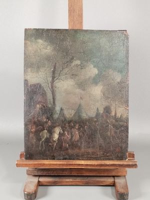 une peinture à l'huile posée sur un chevalet en bois, représentant un homme à cheval