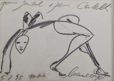 dessin représentant une femme penchée en avant, un couteau à la main