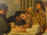 an image of a painting of a man holding a baby in a crib