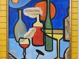 une peinture représentant une bouteille de vin, un verre de vin et une bouteille de vin