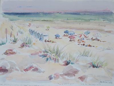 un tableau représentant une scène de plage avec des parasols sur le sable