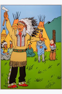 tableau représentant un Amérindien tenant une hache devant un groupe de personnes