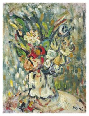 an image of a painting of flowers in a vase on a table