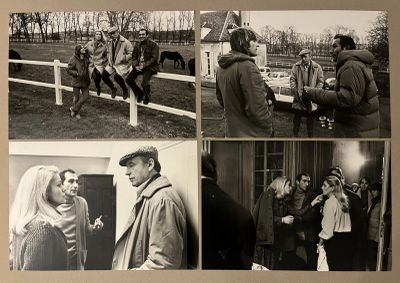 plusieurs photos en noir et blanc représentant des personnes et des chevaux dans un enclos
