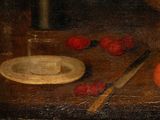 a painting of a still life with fruit and a knife on a table
