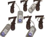 six pieces of luggage hangers with tags on them on a white background