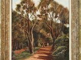 une peinture d'un chemin de terre avec des arbres en arrière-plan