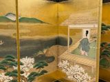 three panels of a painting of a woman in a boat on a lake