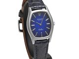 an image of a wrist watch with a blue dial on a black leather strap