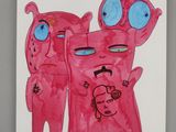 drawing of a couple of pink cartoon characters on a spiral notebook