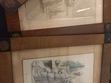 two framed pictures of a man and a woman sitting on a bench