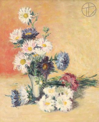 une peinture de fleurs dans un vase sur une table