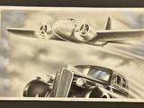 a drawing of a car and a plane flying in the sky