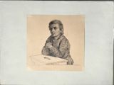 drawing of a young girl sitting at a table with a piece of paper in front of her